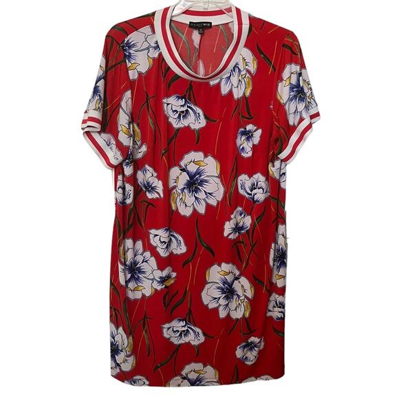 MADISON LEIGH BELOW KNEE/MIDI TUNIC DRESS, WOMENS, 3X, RED - BLUE YELLOW FLORAL - Picture 1 of 10